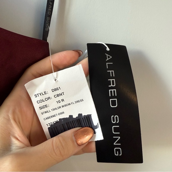 Alfred Sung D861 Bow One‎ Shoulder Column Gown Cabernet Red 10 - Picture 3 of 6